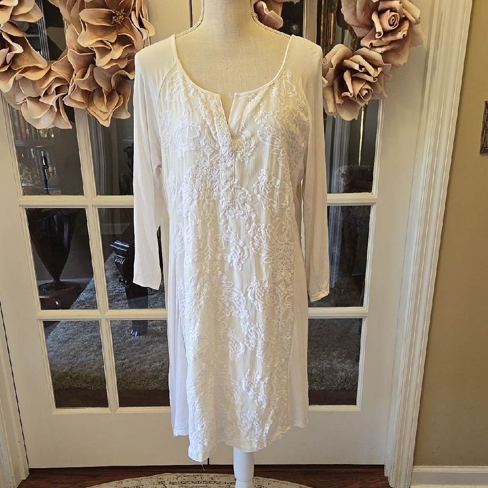 Cato Off White Lace Front Dress Roll Tab Sleeve Modified Vneck Fully Lined L EUC
